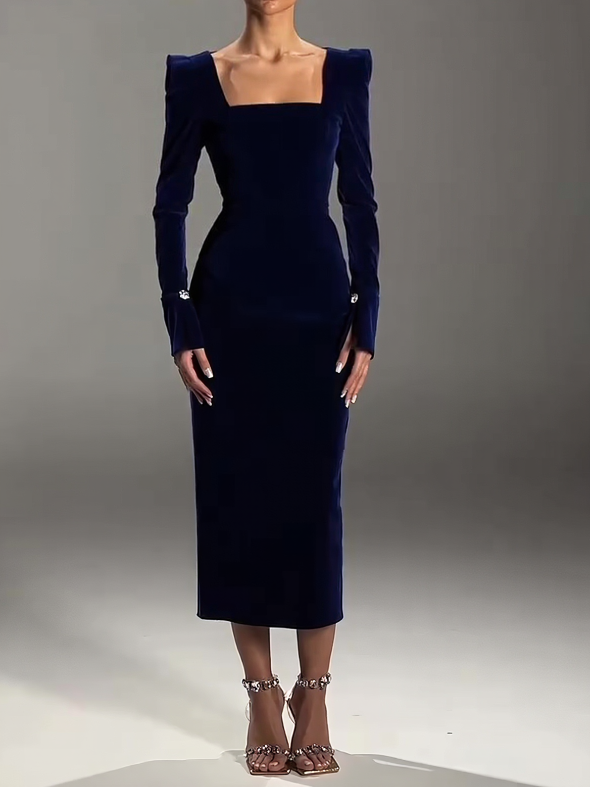 Navy Velvet Square Neck Midi Dress