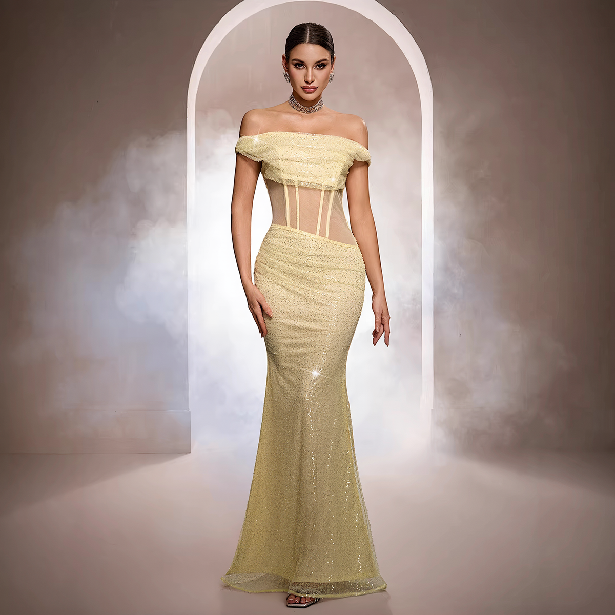 Sleeveless Off-the-shoulder Sequined Mermaid Evening Gown