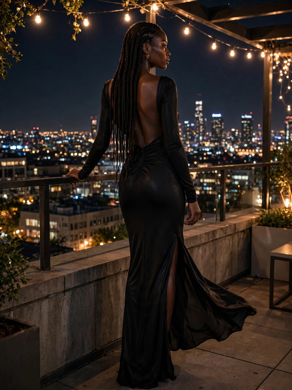 Black Deep V Backless Long Sleeve Dress