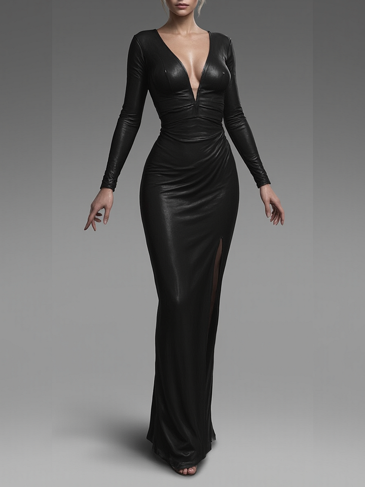 Black Deep V Backless Long Sleeve Dress
