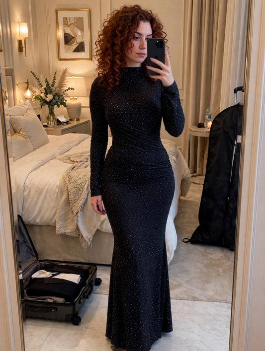 Black Rhinestone-Embellished Maxi Dress With Long Sleeves And Mermaid Silhouette