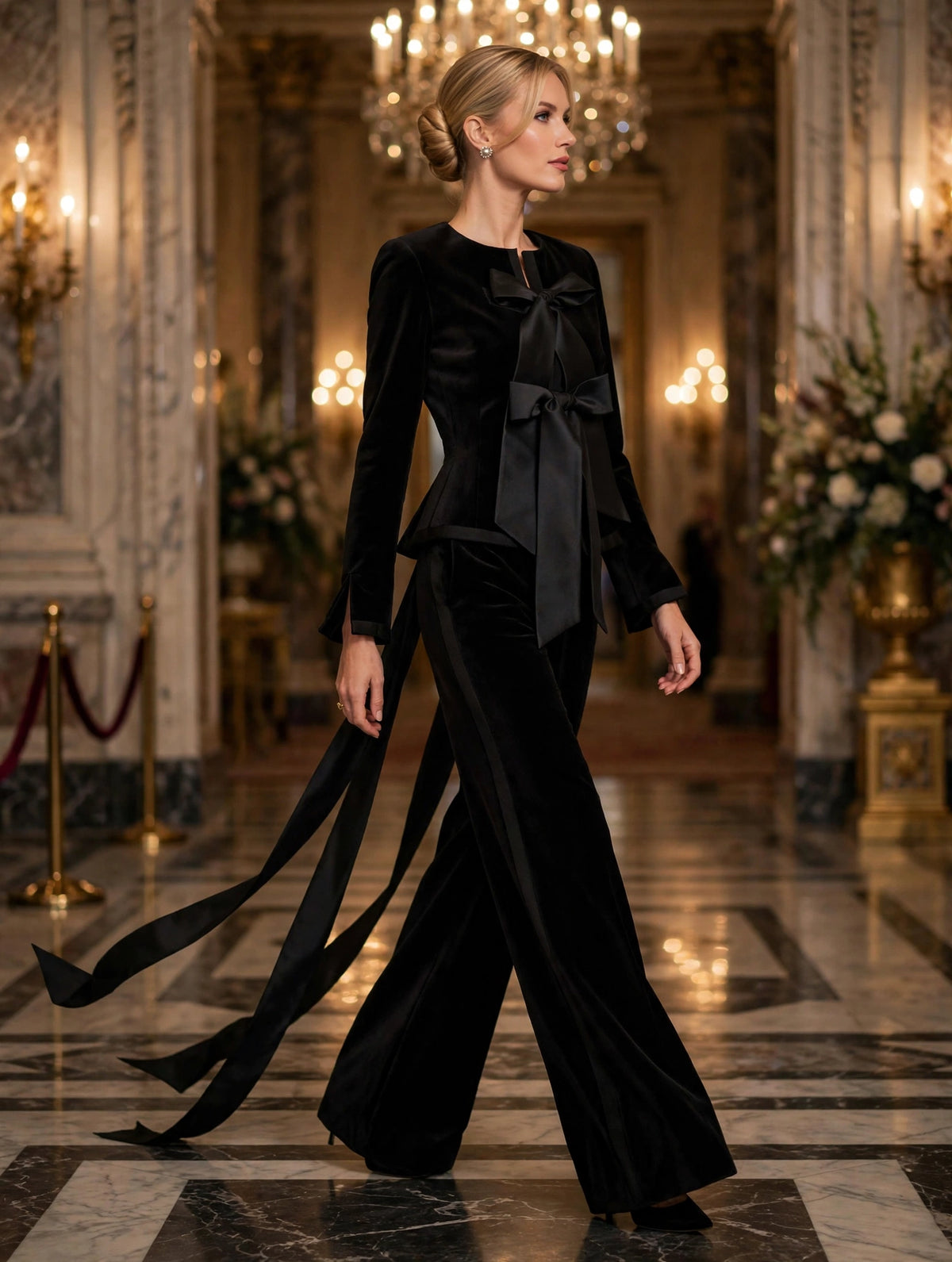 Black Velvet Bow Jacket & Wide-leg Pants Suit