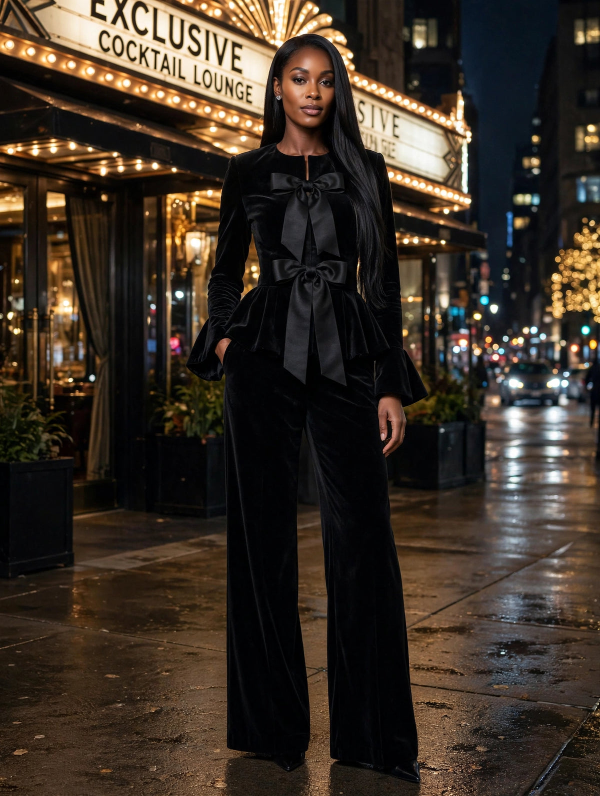 Black Velvet Bow Jacket & Wide-leg Pants Suit