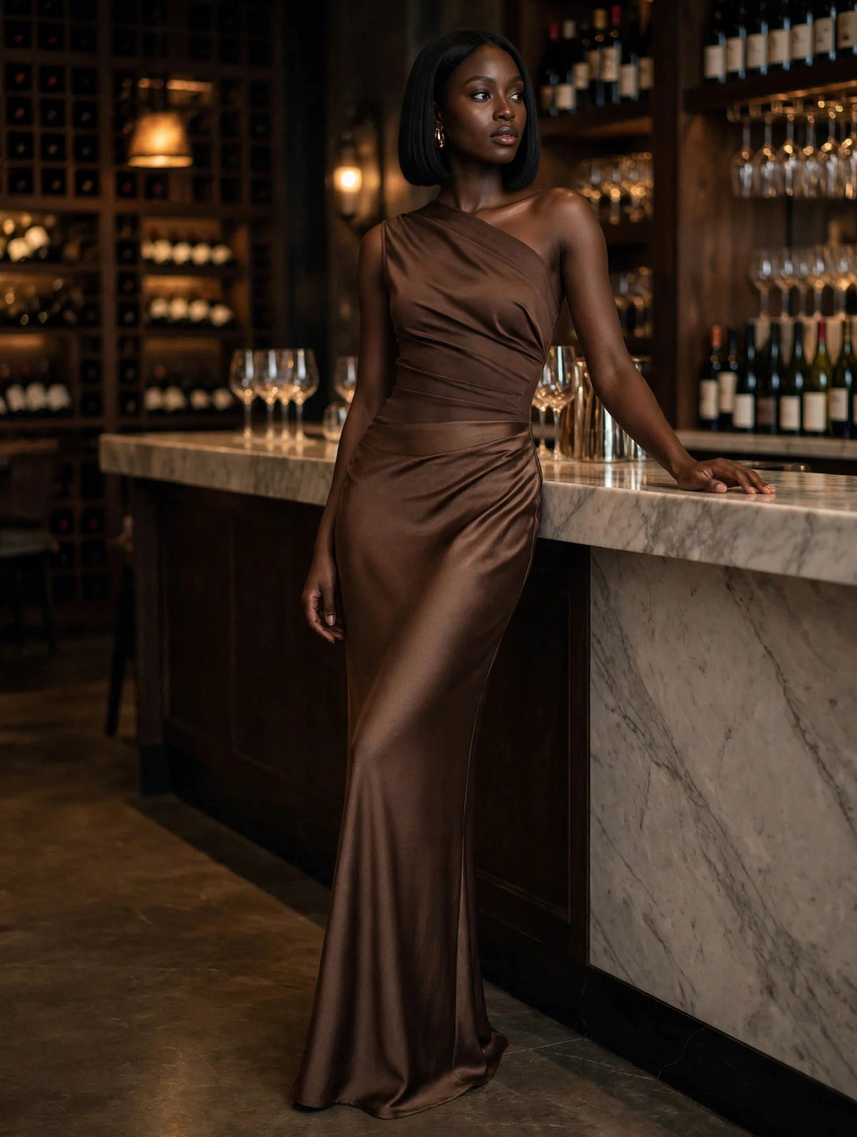 Brown One Shoulder Paneled Satin Dress