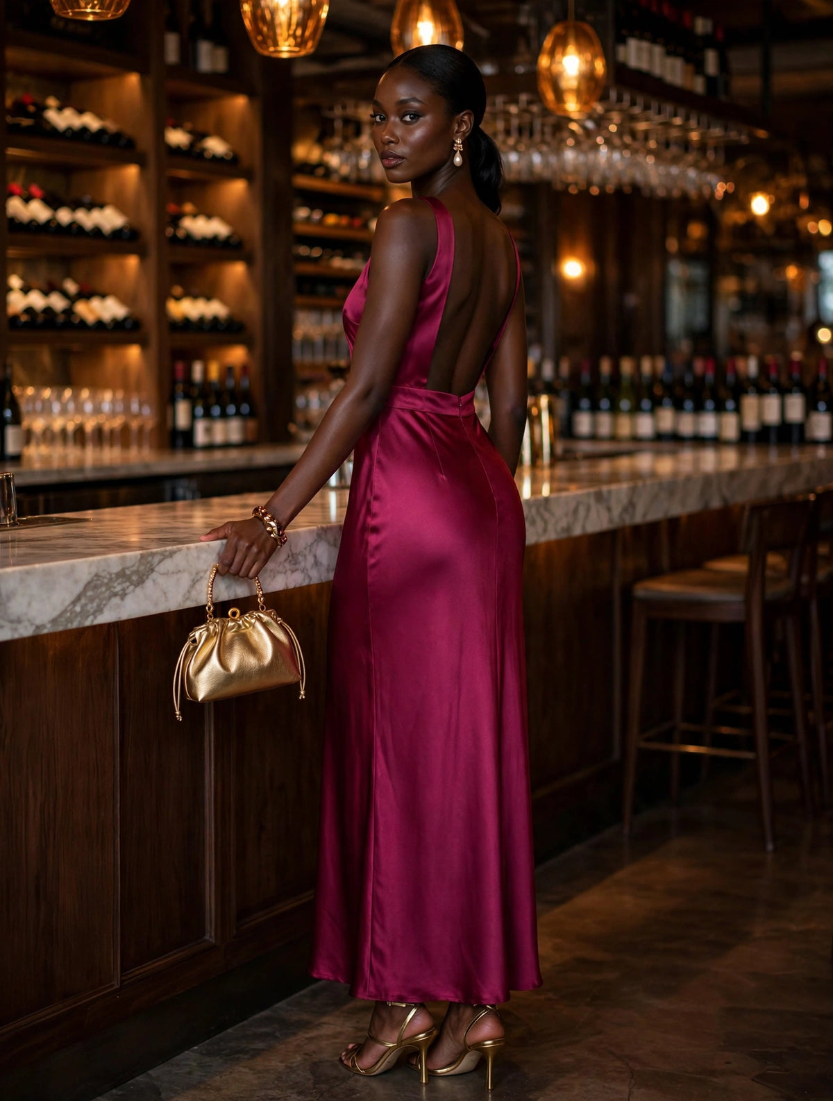 Burgundy Backless Satin Sleeveless Dress