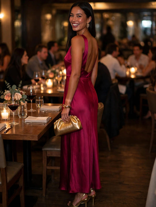 Burgundy Backless Satin Sleeveless Dress