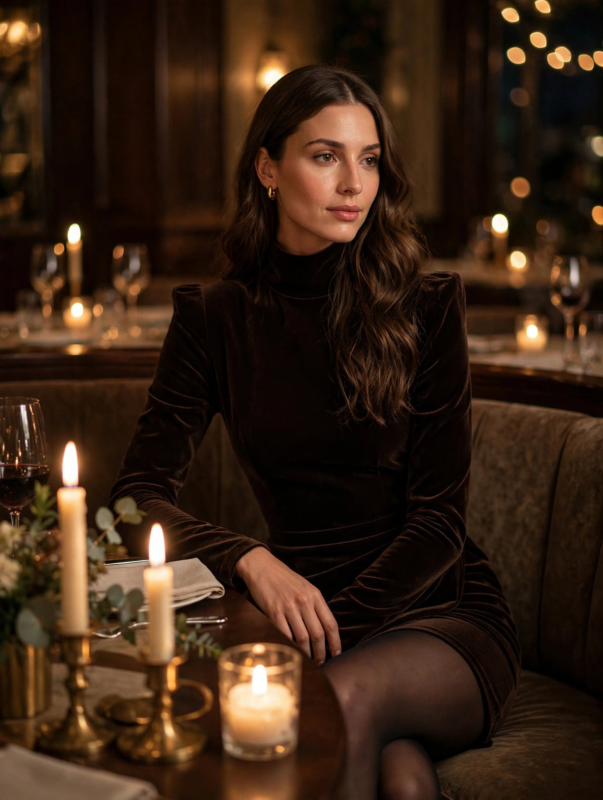 Dark Brown Velvet Turtleneck Ruched Mini Cocktail Dress