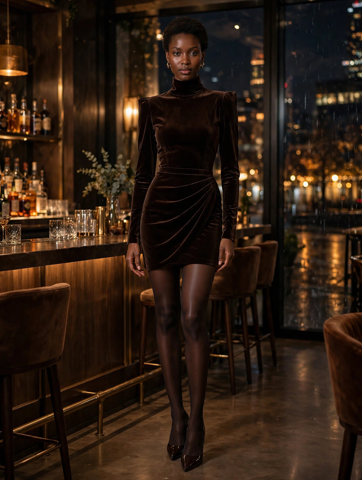 Dark Brown Velvet Turtleneck Ruched Mini Cocktail Dress