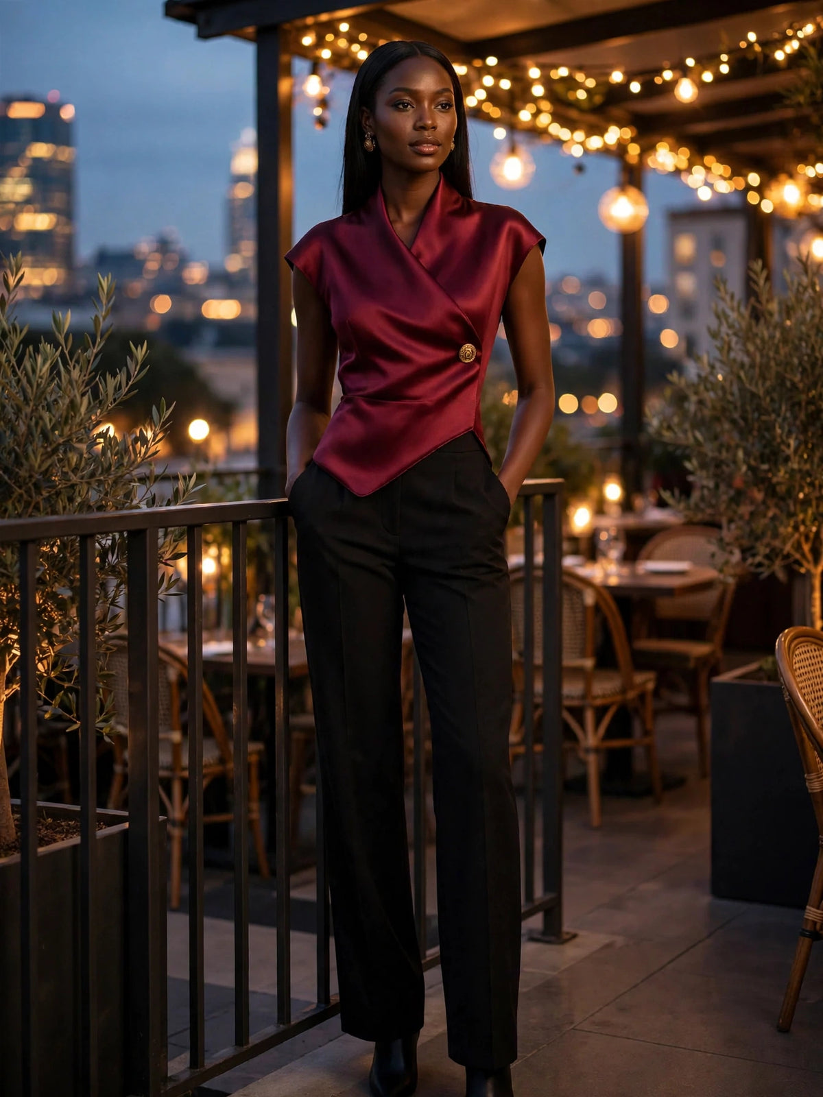 Elegant Cap Sleeve Satin Wrap Blouse With Sculpted Silhouette