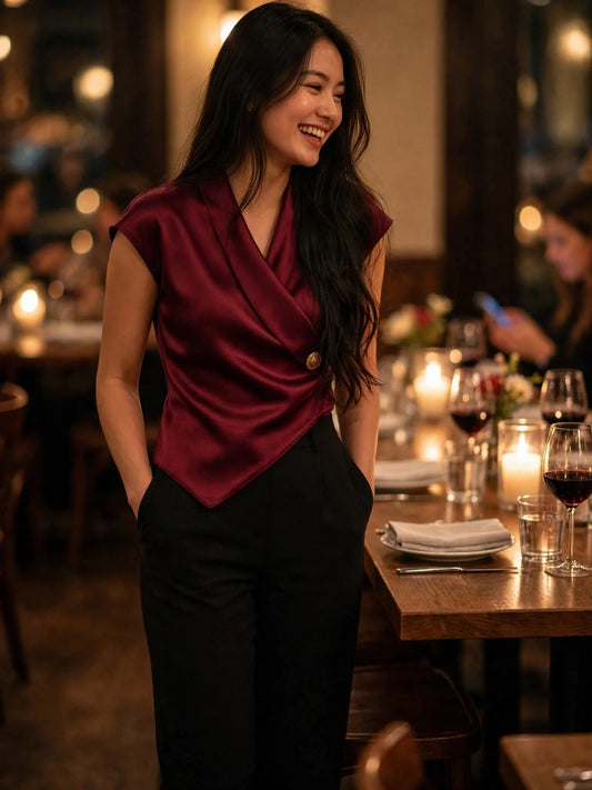 Elegant Cap Sleeve Satin Wrap Blouse With Sculpted Silhouette