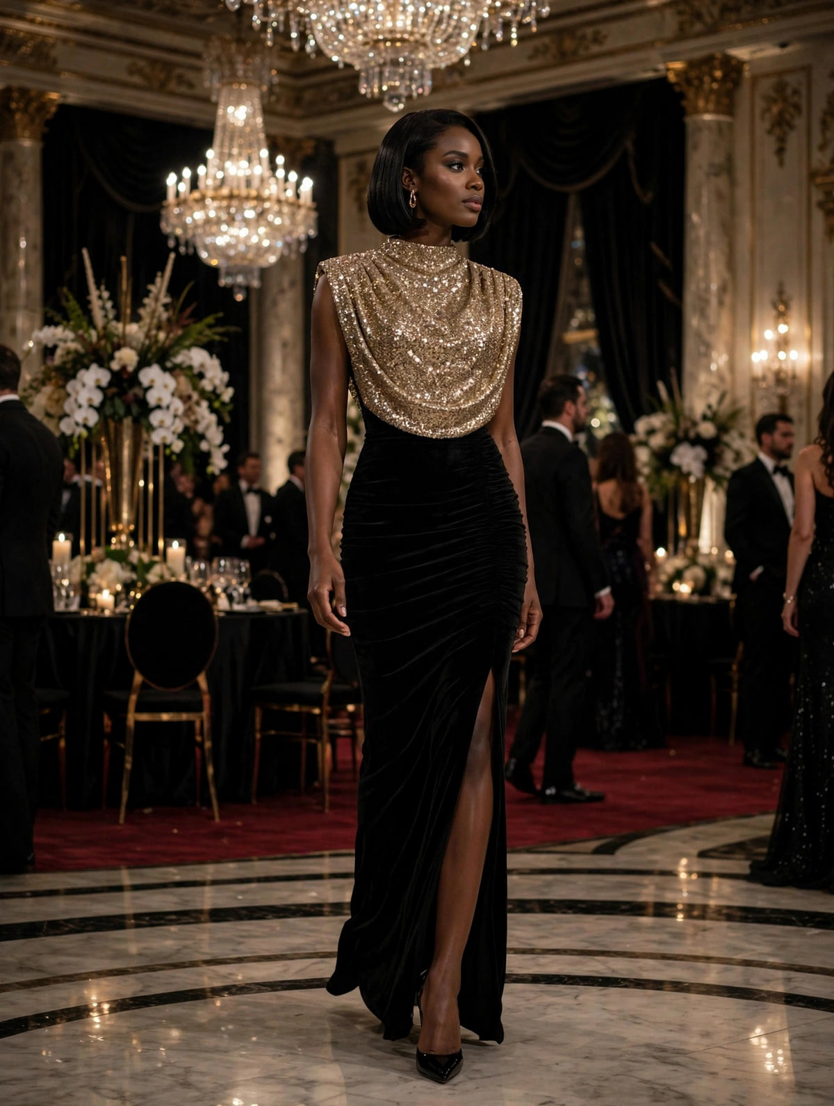 Elegant Velvet Paneled Sequin Slit Evening Dress