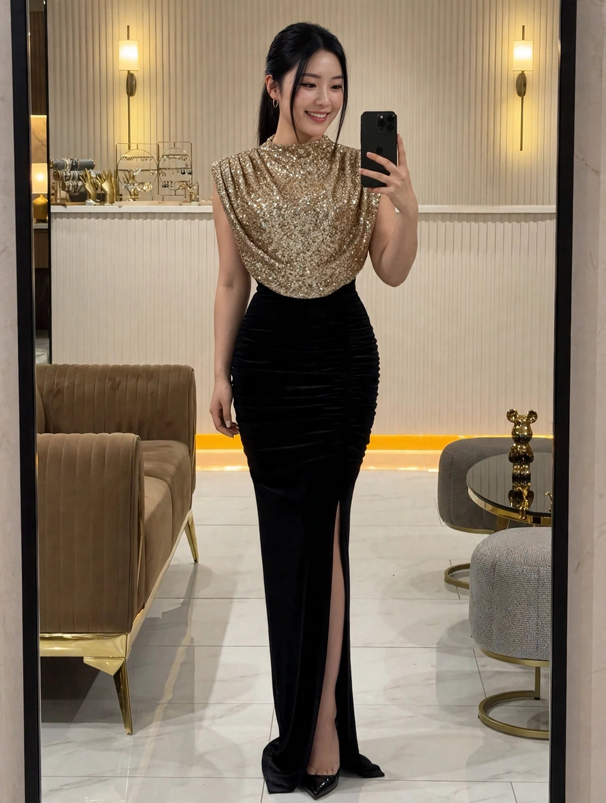 Elegant Velvet Paneled Sequin Slit Evening Dress