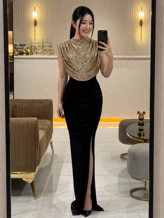 Elegant Velvet Paneled Sequin Slit Evening Dress