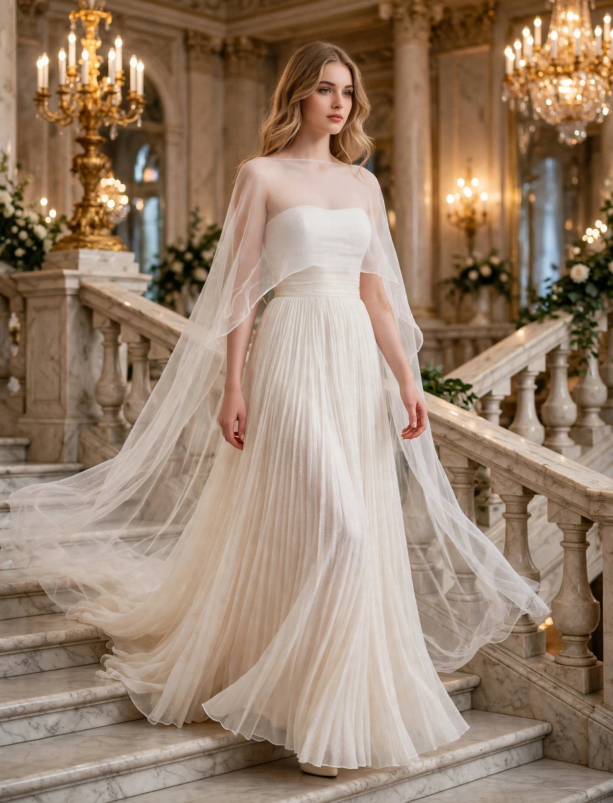 Elegant White Pleated Gown With Sheer Cape Overlay