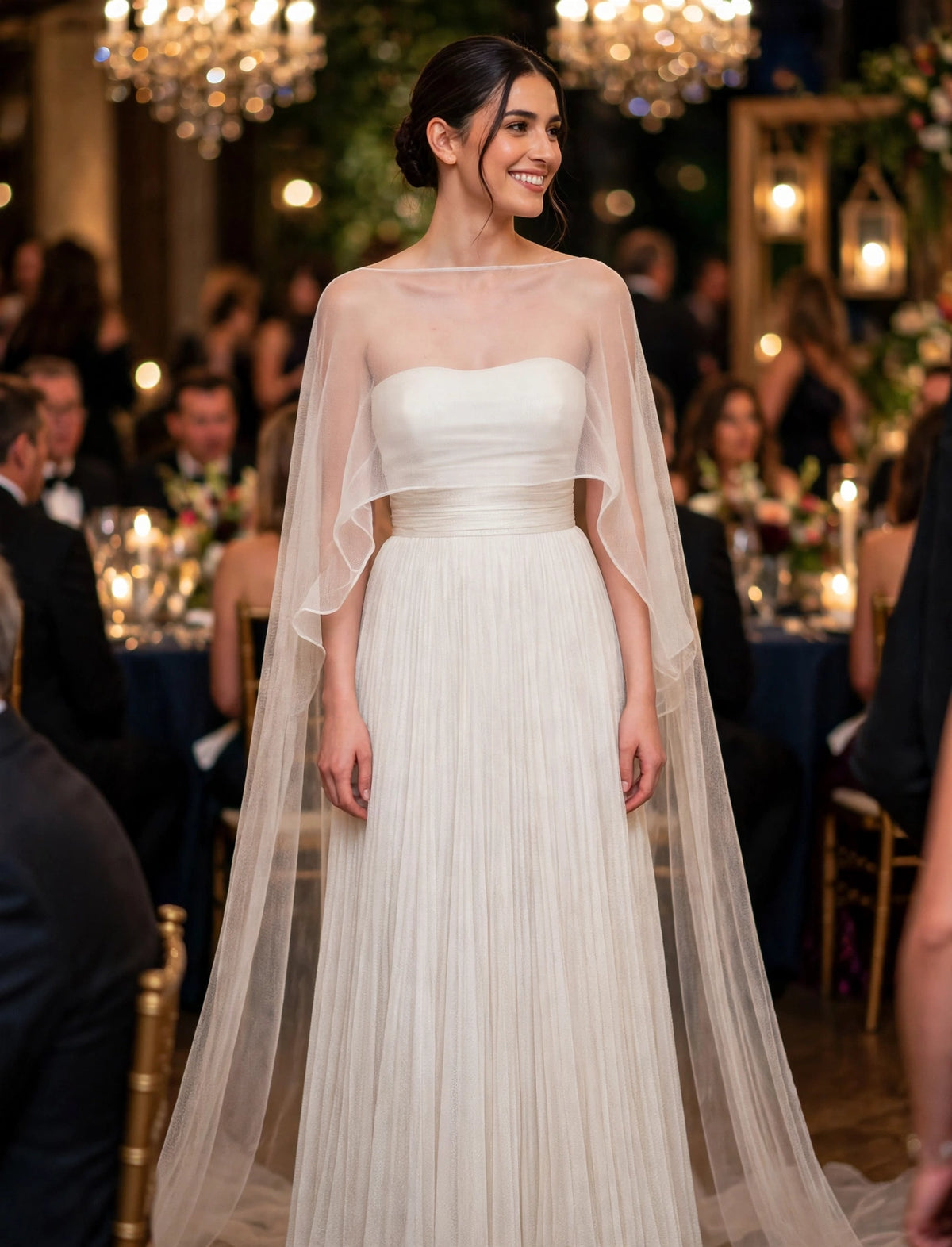 Elegant White Pleated Gown With Sheer Cape Overlay