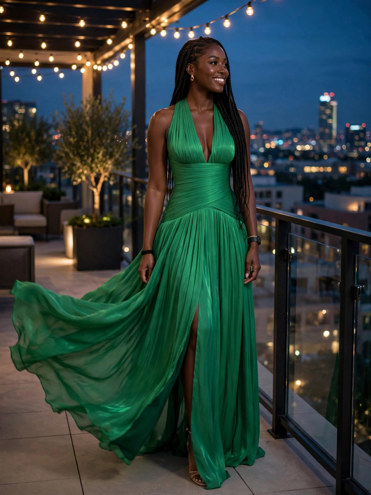 Emerald Green Plunging Neckline Gown With Pleated Skirt And Side Slit