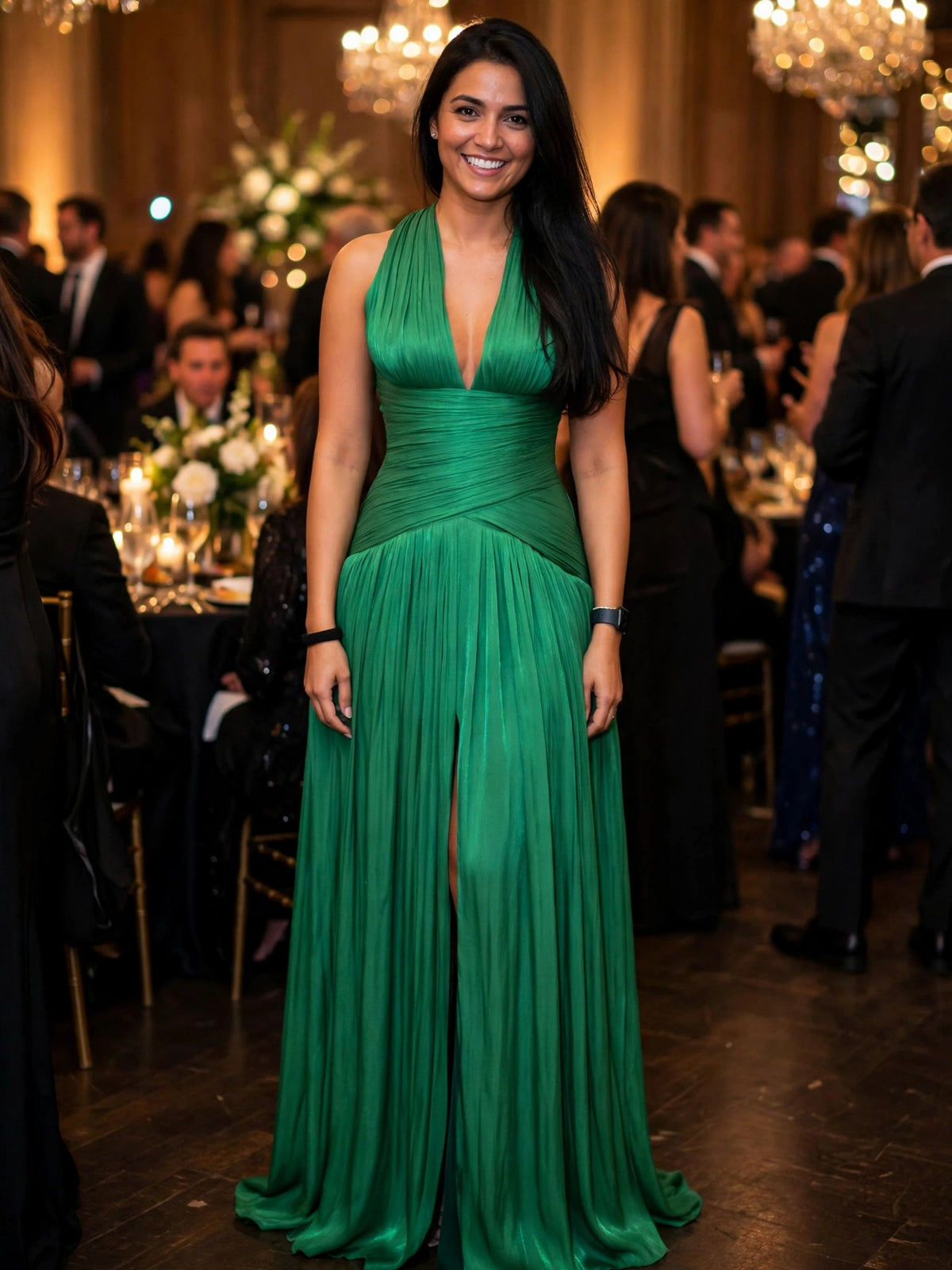 Emerald Green Plunging Neckline Gown With Pleated Skirt And Side Slit