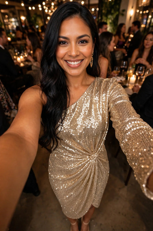 Gold One-Shoulder Sequin Knot-Front Dress