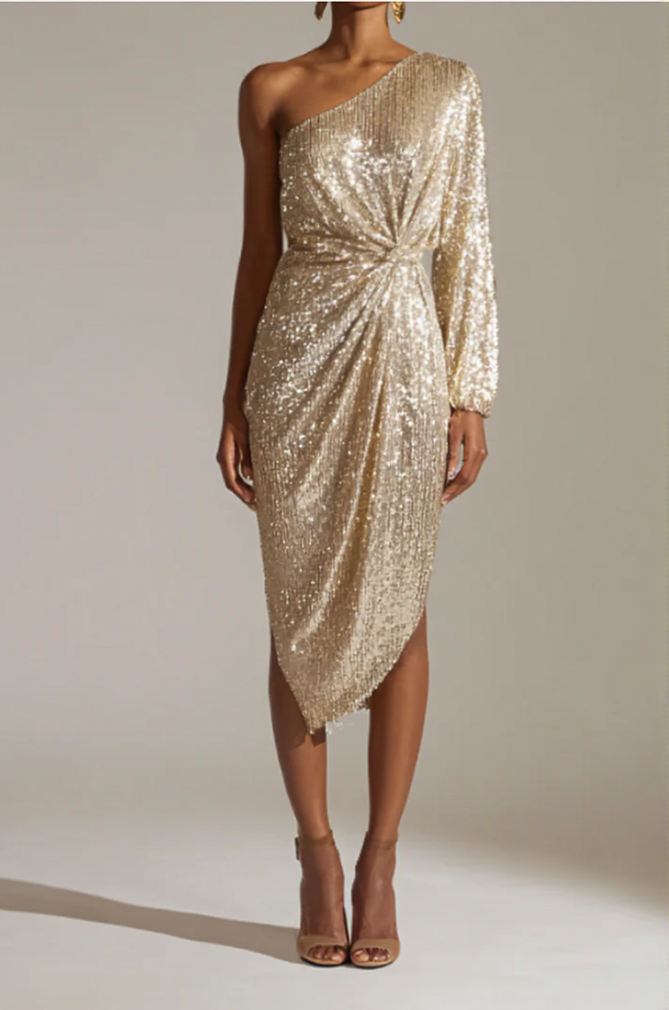 Gold One-Shoulder Sequin Knot-Front Dress