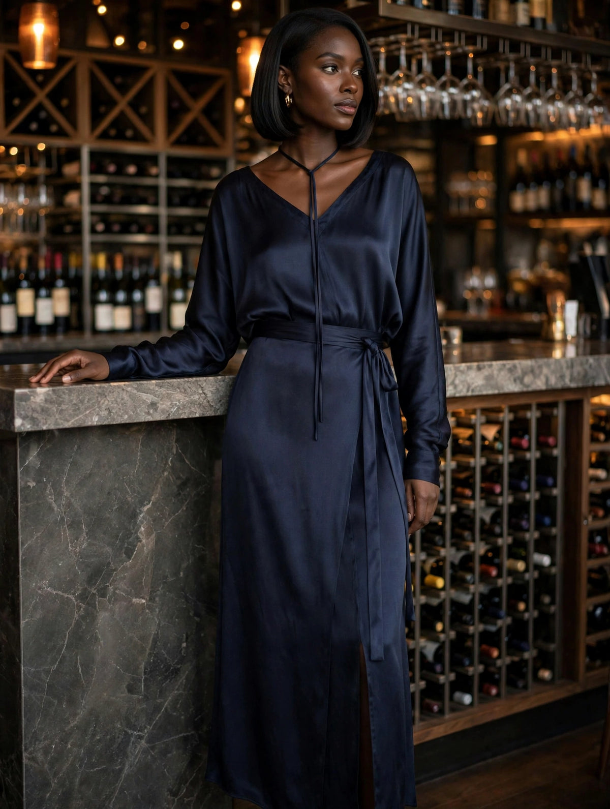 Navy Blue Satin Tie-Waist Slit Long Sleeve Maxi Dress