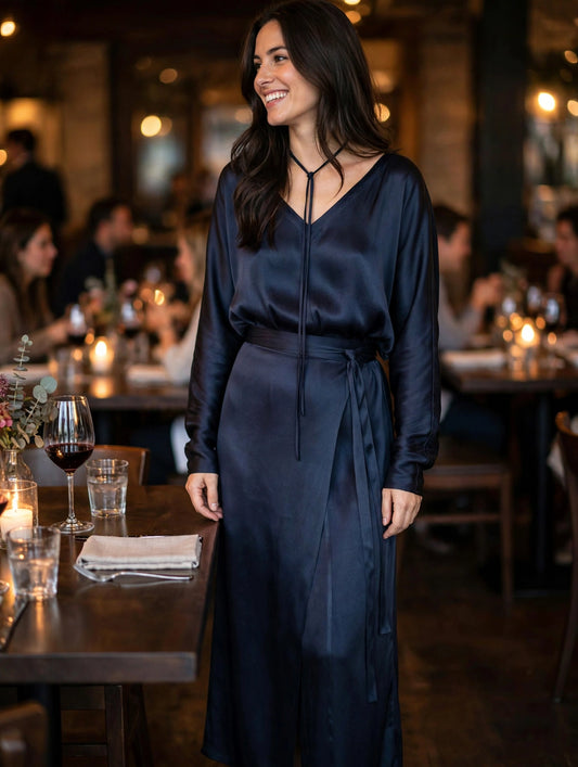 Navy Blue Satin Tie-Waist Slit Long Sleeve Maxi Dress