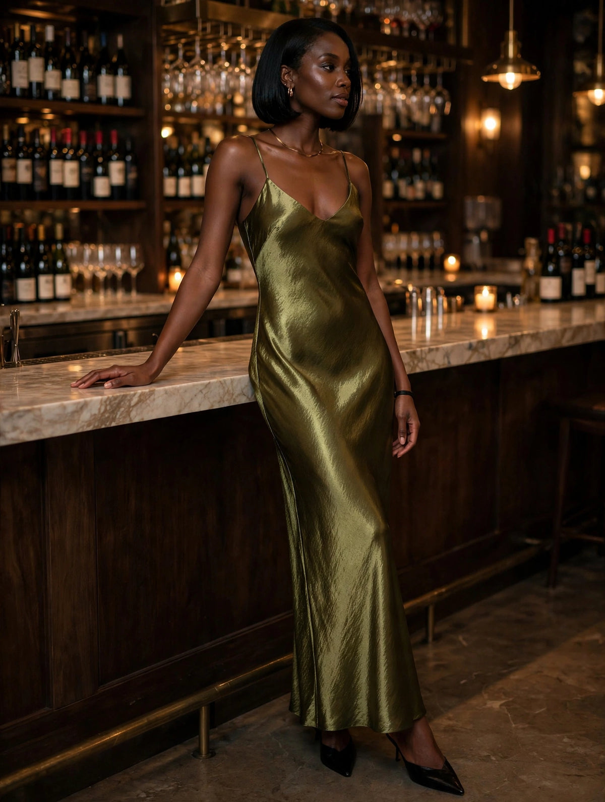 Olive Green Satin Slip Dress