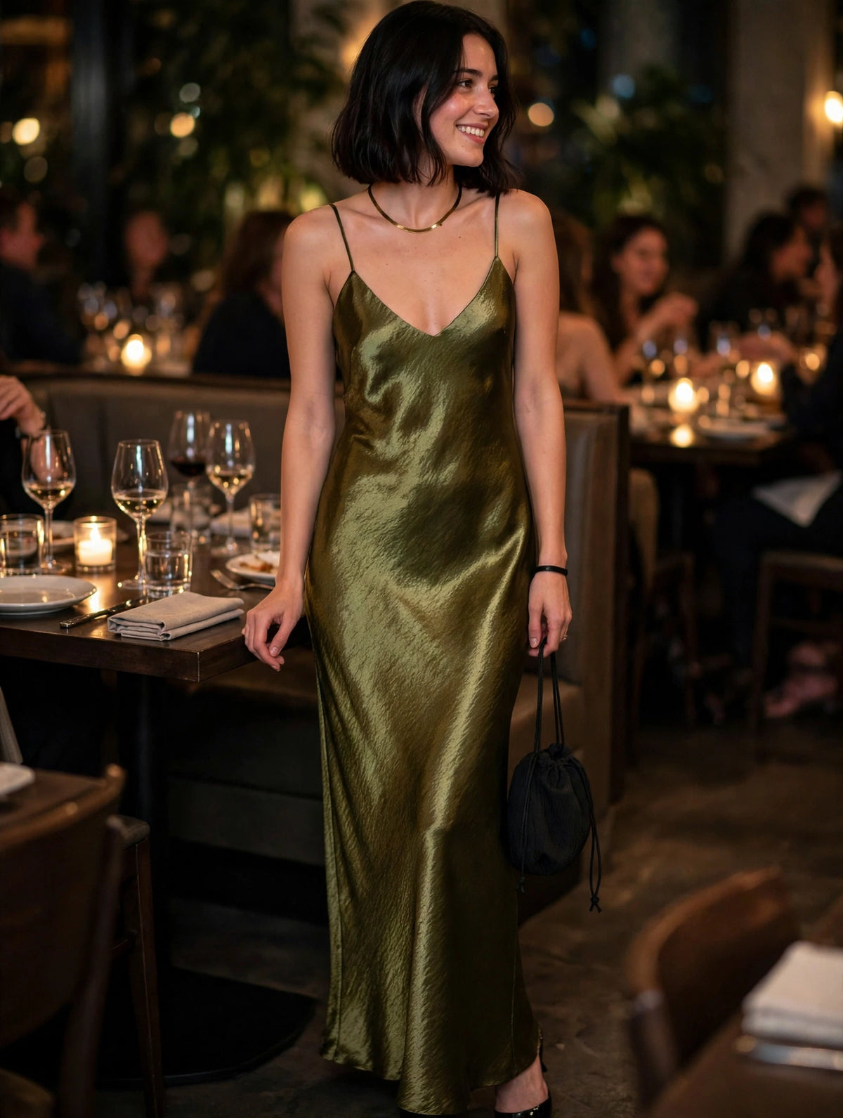 Olive Green Satin Slip Dress