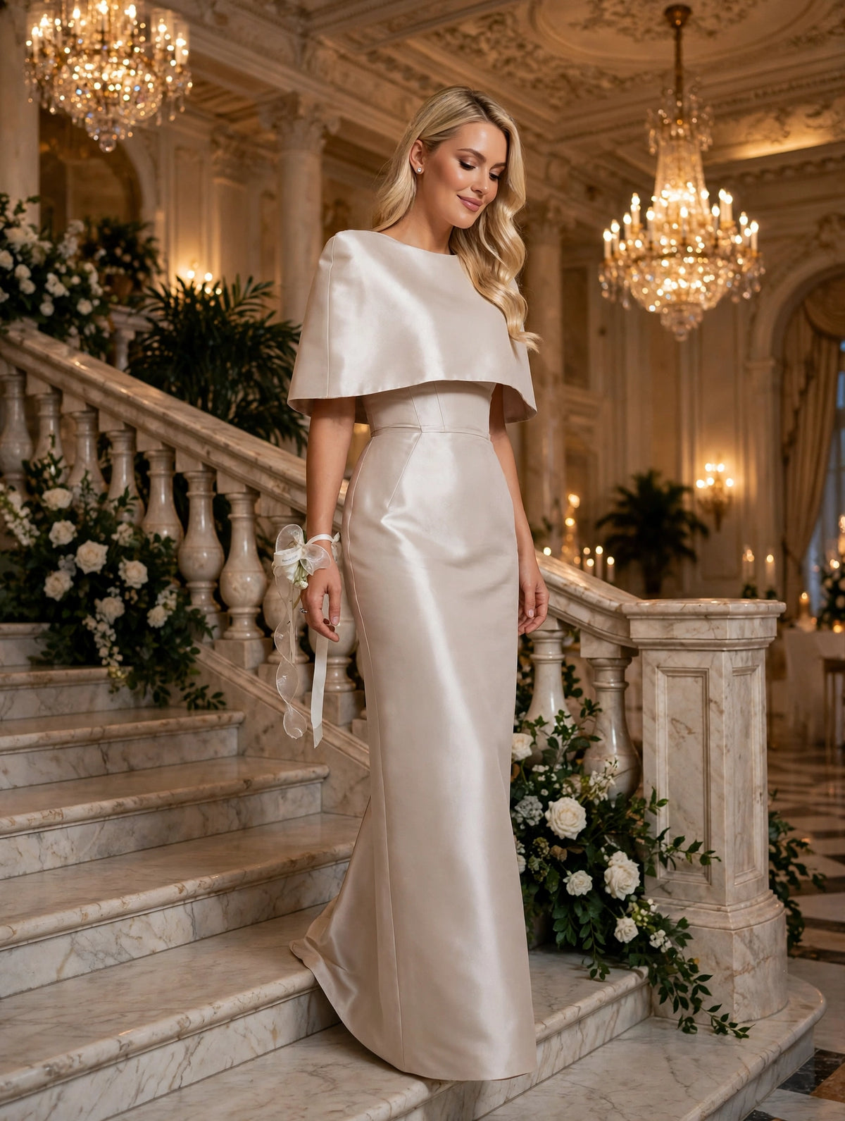 Satin Cape-style Top & Fitted Maxi Dress Set