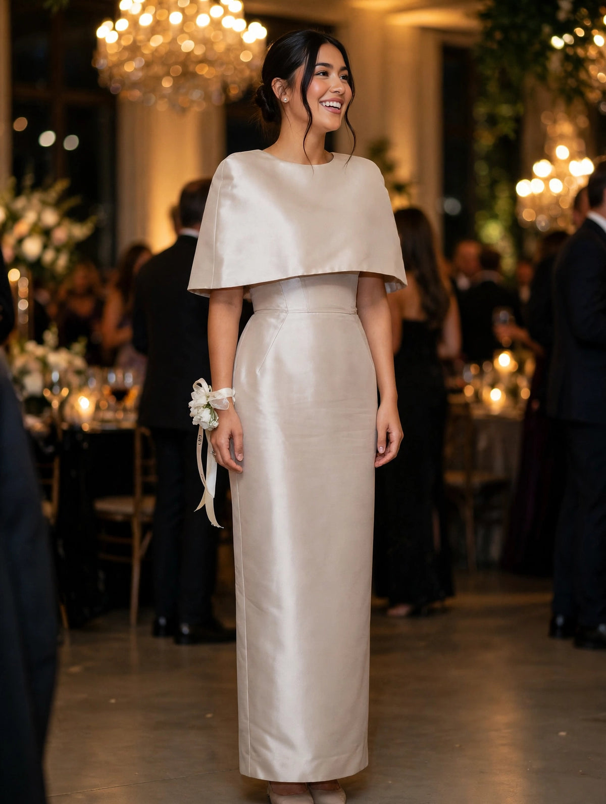 Satin Cape-style Top & Fitted Maxi Dress Set