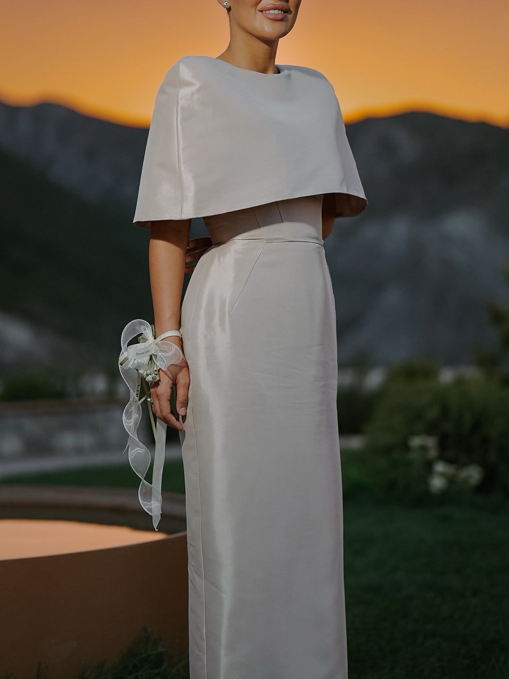 Satin Cape-style Top & Fitted Maxi Dress Set