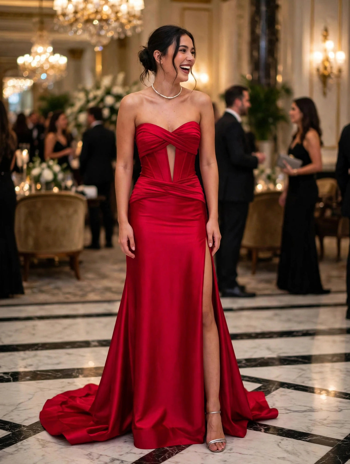 Tube Top Slit Red Extra Long Evening Dress