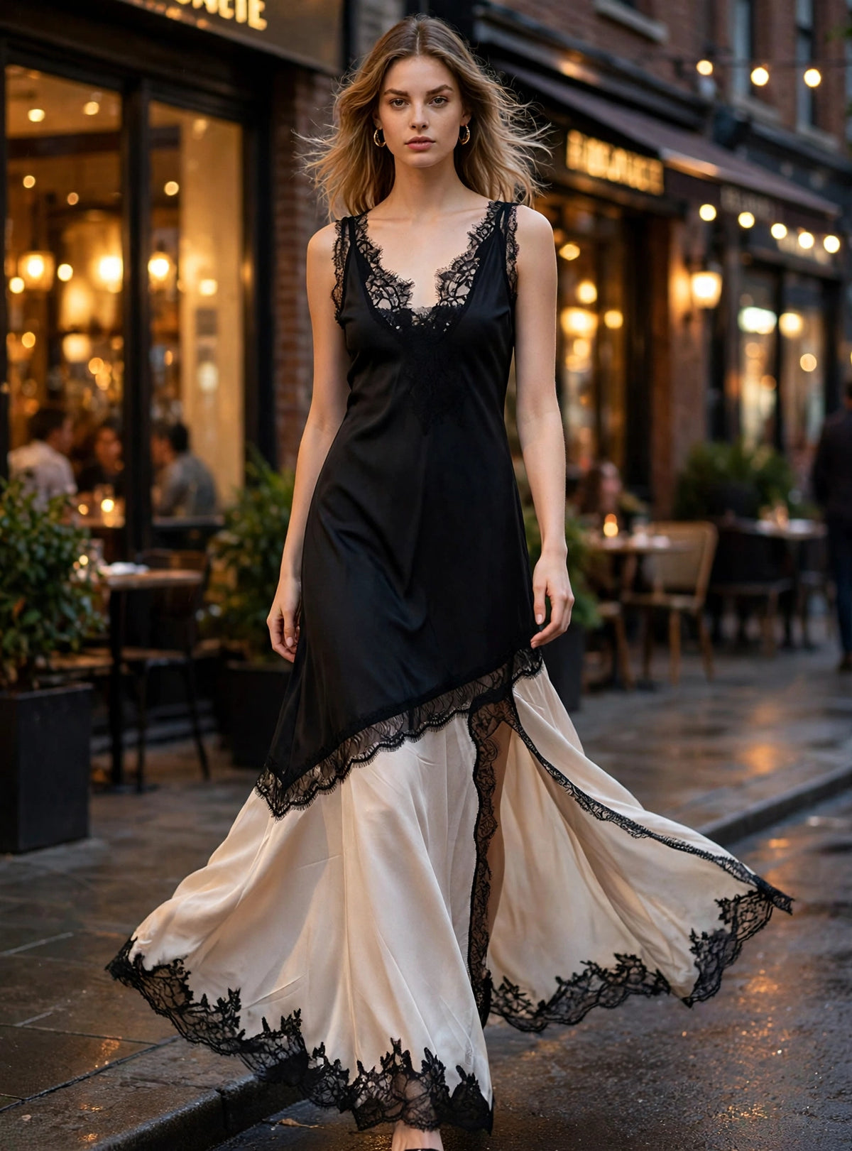 Two-Tone Satin Lace Slip Maxi Dress