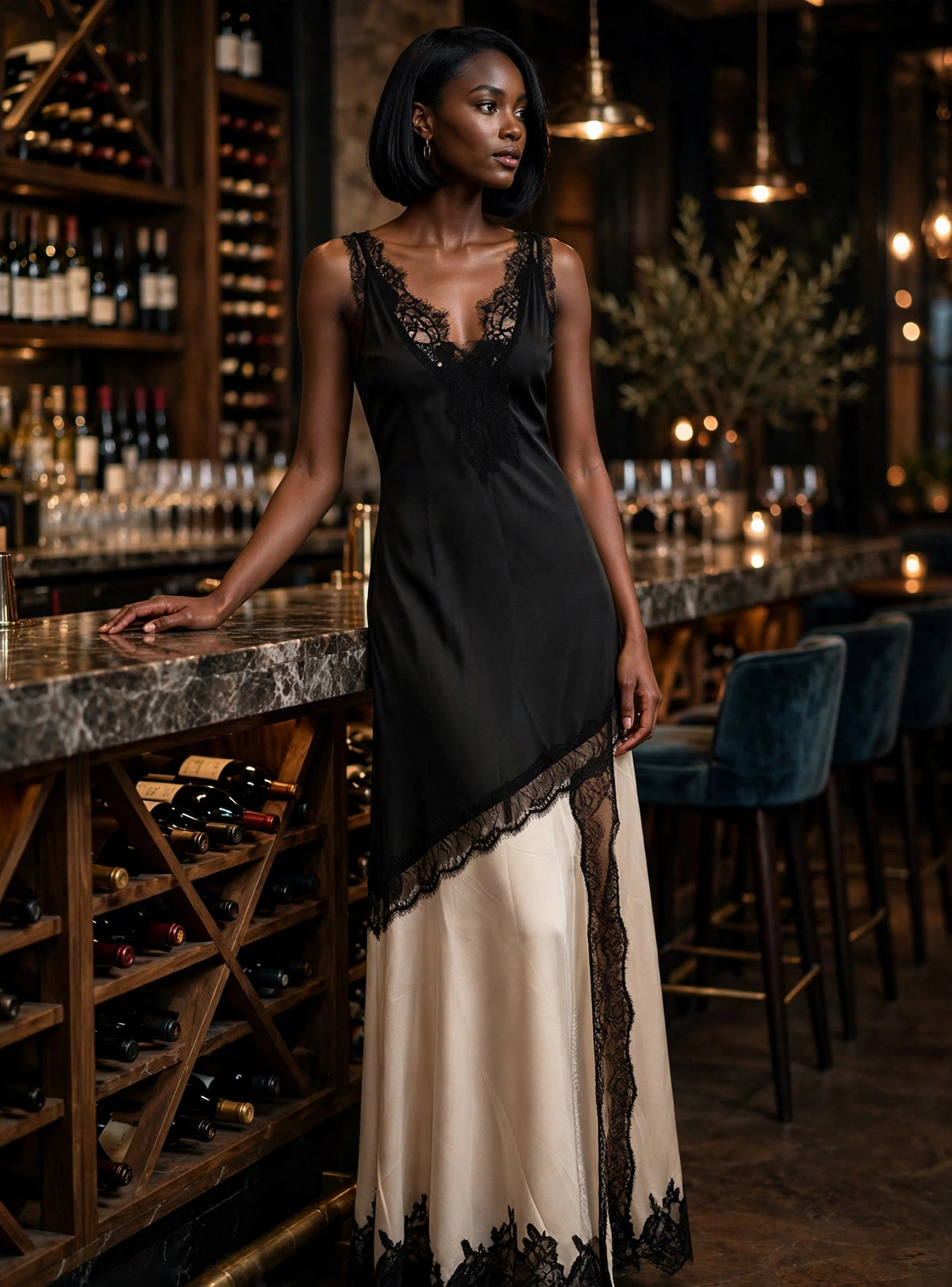 Two-Tone Satin Lace Slip Maxi Dress