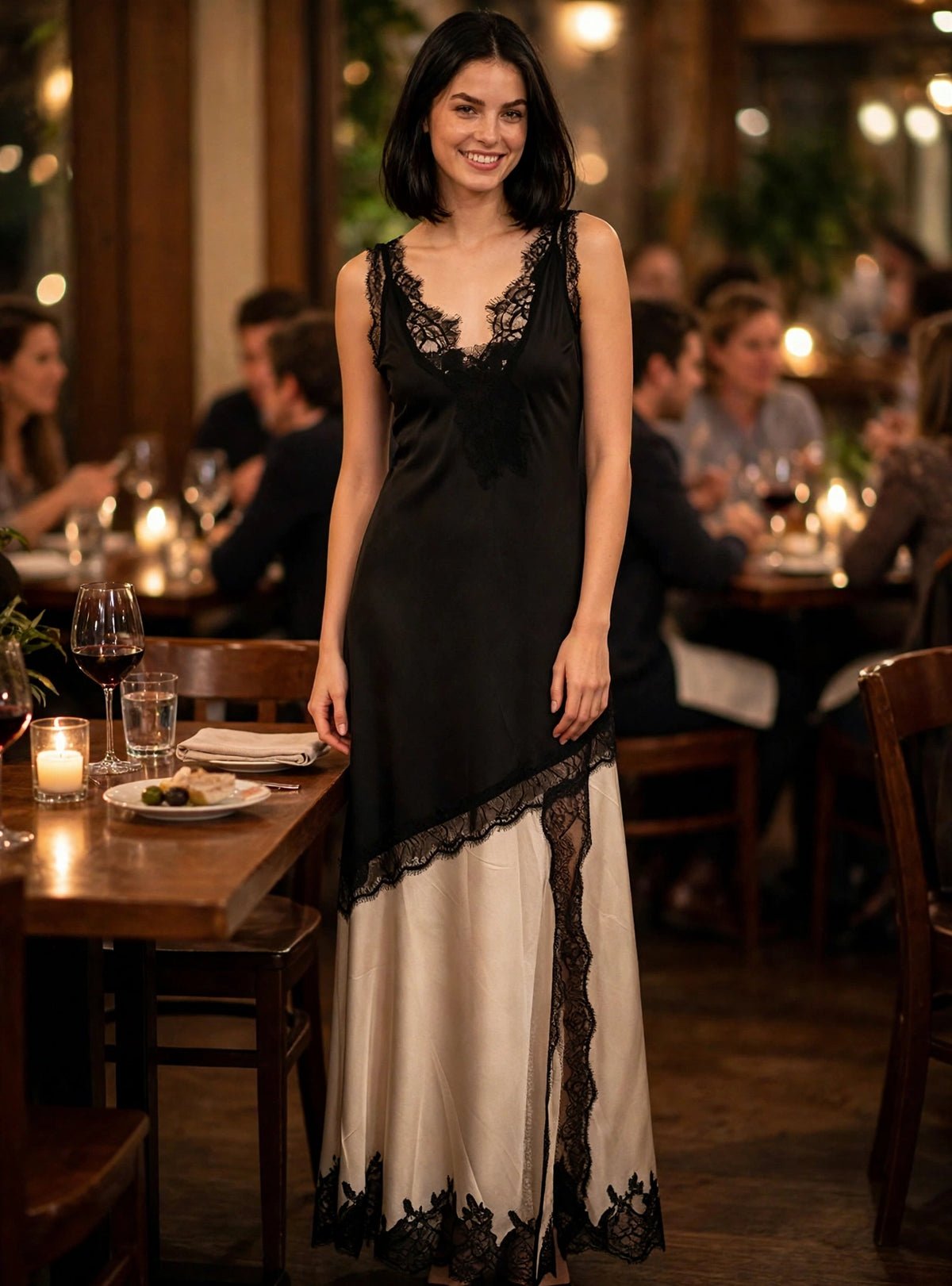 Two-Tone Satin Lace Slip Maxi Dress