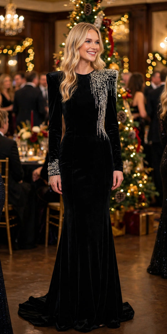 Velvet Long-Sleeve Fringe Beaded Shoulder Mermaid Evening Gown