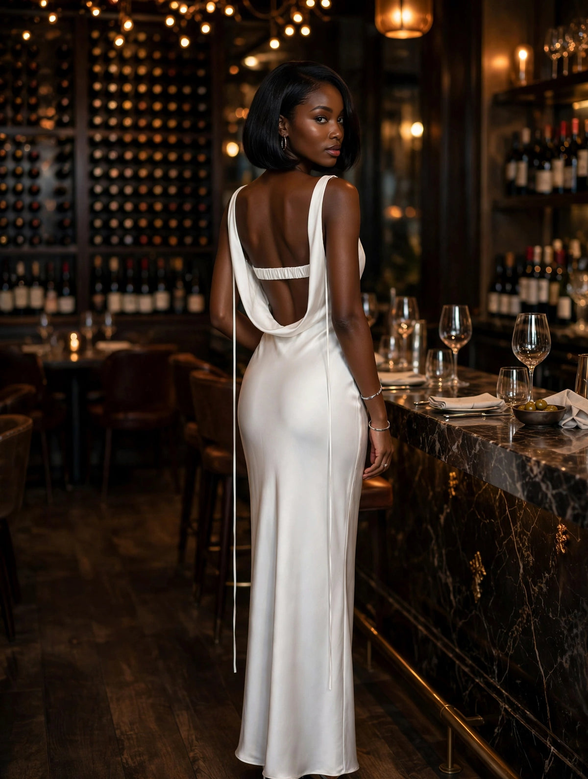 White Satin Backless Cutout Dress